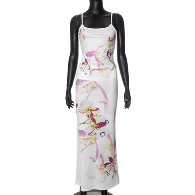 Fresh Sweet Phalaenopsis Printed Strap Top Skirt Set