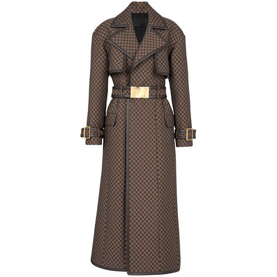 Star Belt Jacquard Maze Pattern Long Trench Coat