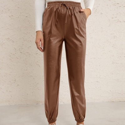 Women's Loose Casual Biker Leather Ankle-Tied Trousers
