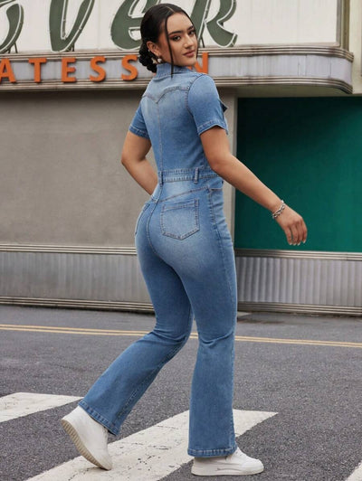 Kurzärmliger, schmaler Jeans-Overall für Damen