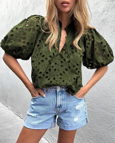 Women's Embroidery Hollow Out Lantern Sleeve Shirt