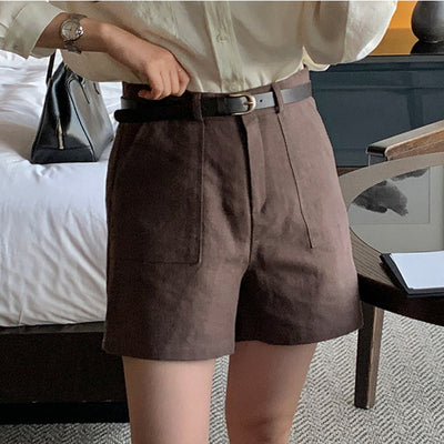Cotton Linen Casual Shorts Double Pocket High-Waist Slimming Zipper Pants