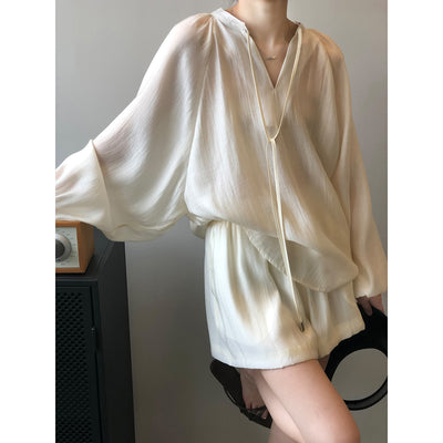 Women's Summer Long Sleeve Shirt with Wide Leg Shorts