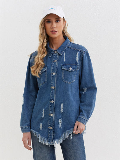 Plus Size Ripped Denim Jacket for Women