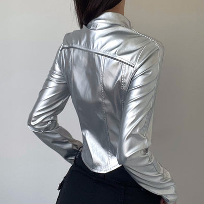 Metallic Asymmetric Hem Short Cropped-Exposed Jacket