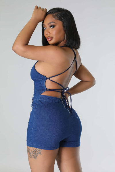 Casual Slim Fit Backless Bandage Denim Jumpsuit