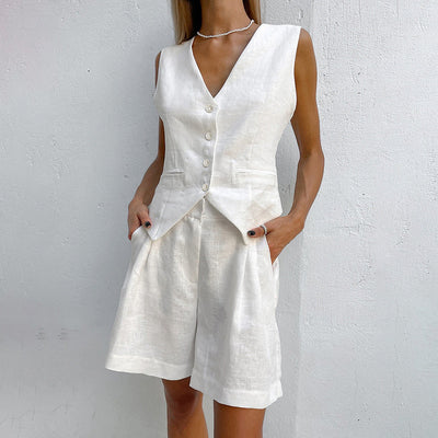 Casual Sleeveless Tank Top and Shorts Two-Piece Cotton Linen Suit for Women