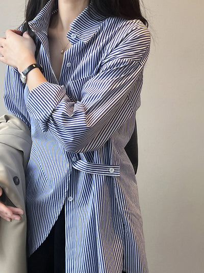 French Striped Long Sleeve Waist Tight Back Slit Shirt