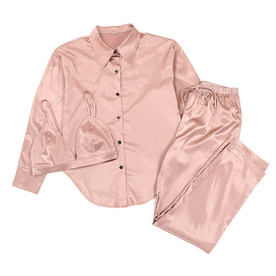 Three piece women's pajamas with collared shirt and pants