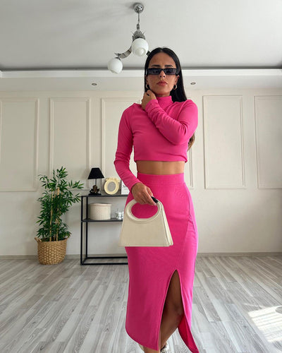 Solid Color Round Neck Long Sleeve Top with Split Skirt Set