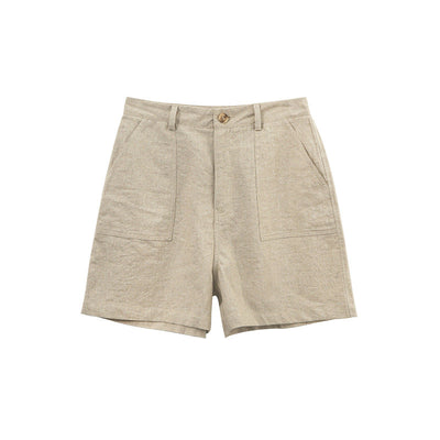 Lässige Shorts aus Baumwollleinen mit Doppeltasche, hoher Taille und schlankmachender Reißverschlusshose