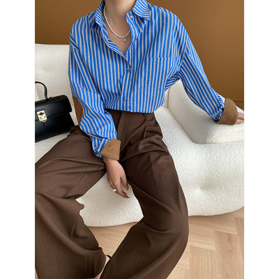 French Intellectual Suede Stitching Vertical Striped Loose Shirt