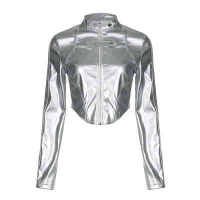 Metallic Asymmetric Hem Short Cropped-Exposed Jacket