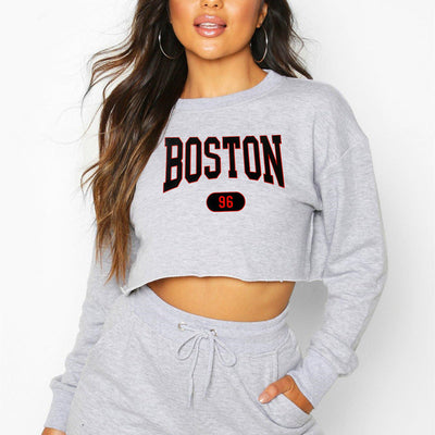 Women's Boston Letter Long-Sleeve Cropped Sweater