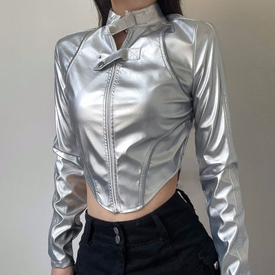 Metallic Asymmetric Hem Short Cropped-Exposed Jacket