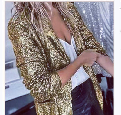 Sequin Office Blazer Elegant Collared Top