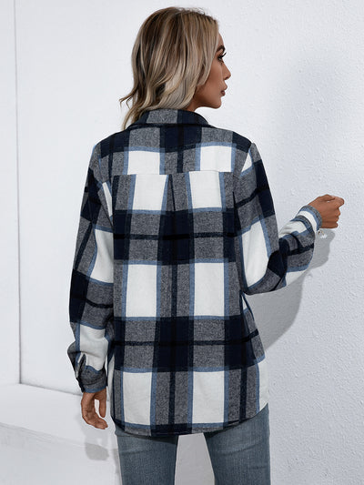 Long Sleeved Plaid Top Loose Casual Shacket Jacket for Women