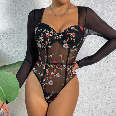 Retro Mesh Floral Embroidery Long Sleeve Jumpsuit