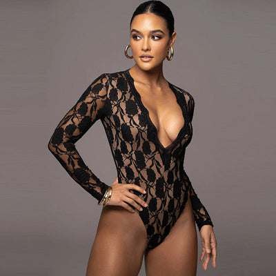 Sexy Lace See-through Long Sleeve Jumpsuit Top