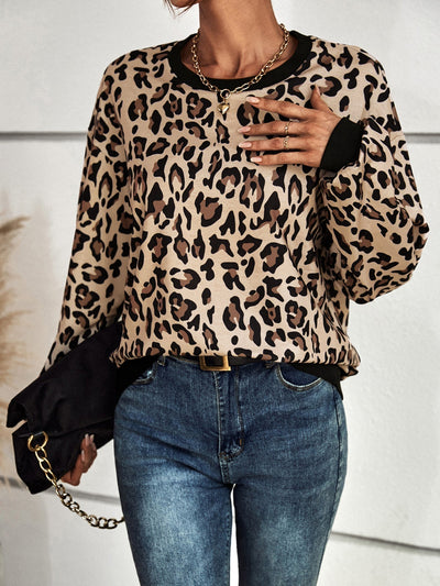 Women Leopard Print Long Sleeve Casual Sweatshirt