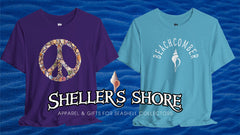 Shellers Shores Logo Apparel & Gifts for seashell collectors. 2 tee shirts with cool shelling designs. One says beachcomber the other a peace sign made up of realistic shells. all over a deep ocean sand floor.