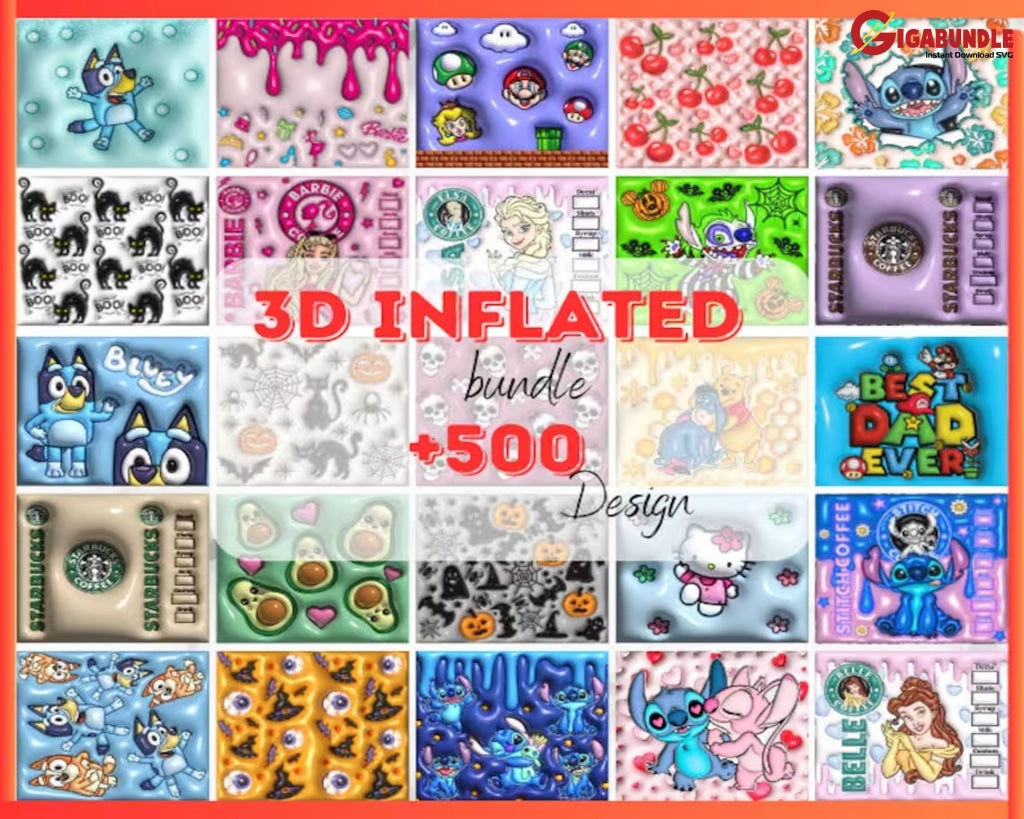 500+ Designs of 3D tumbler sublimation design bundle with 3D Inflated Style