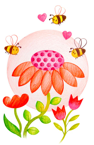 dessin fleur et abeilles