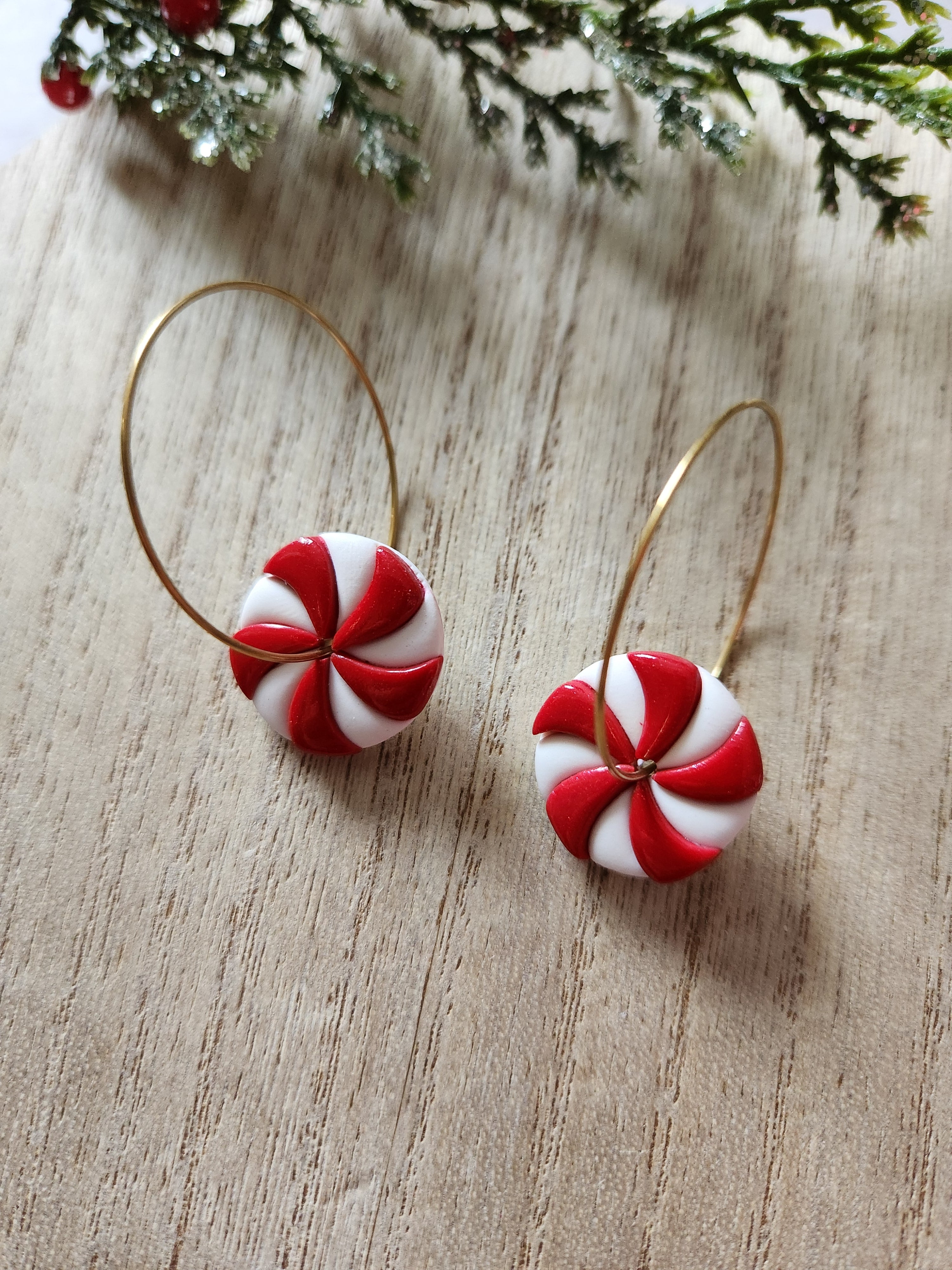 Peppermint Candy Swirl Hoops Clay Earrings