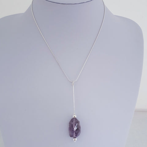 925 Sterling Silver Chunky Amethyst Nugget Long Drop Necklace