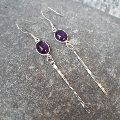 925 Sterling Silver Amethyst Oval Tassel Earrings