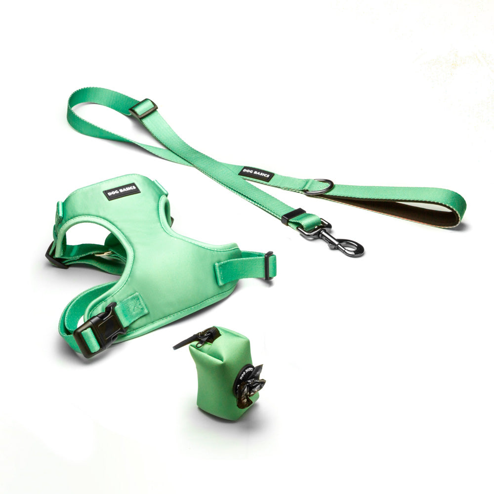 Light green coloured harness walk kit. Each kit includes an air mesh harness, leash, and poop bag carrier. 