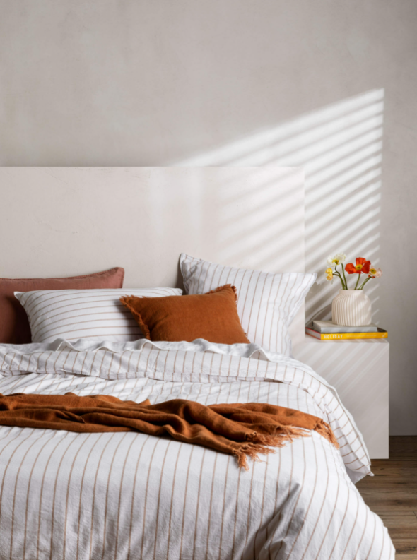 beige and white striped duvet cover