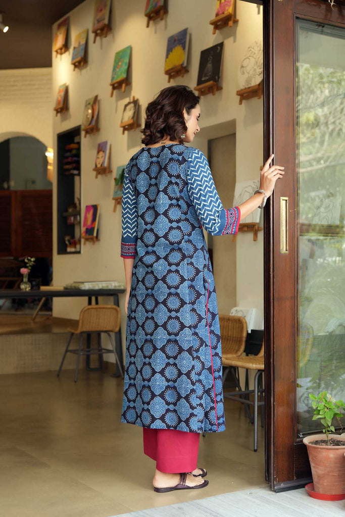 Dabu Printed Cotton Palazzo in Indigo Blue