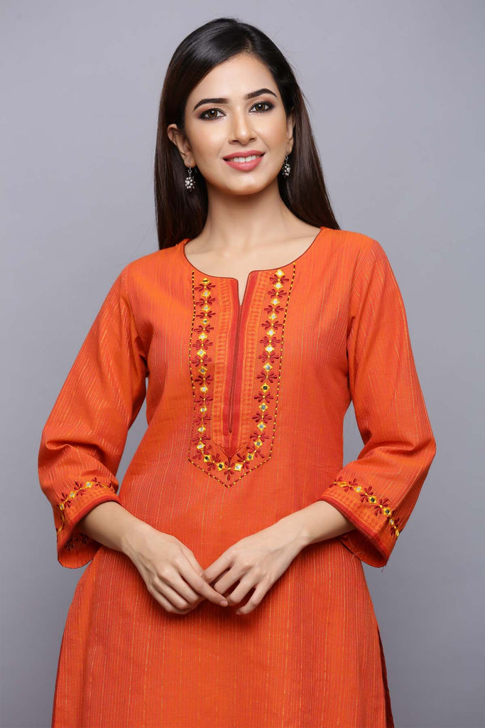 Buy Bunaai Orange White Print Designer Cotton Kurta Set For Women Online