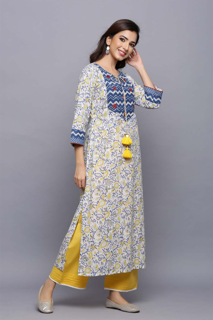 Straight fit kurta with off-white base and indigo blue jaal print ...