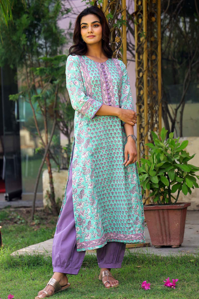 A-Line Hand Block Printed Kurta In Pantone Green Color | cotrasworld