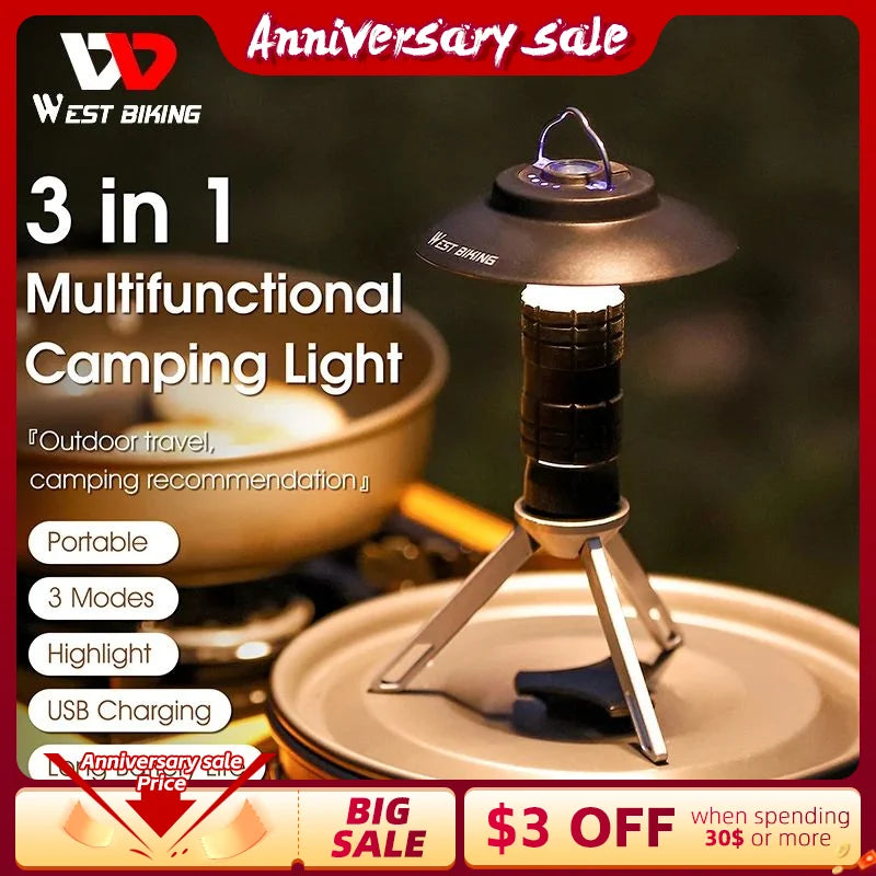 WEST BIKING Portable Camping Light with Magnetic USB Rechargeable Camping Lantern Outdoor Led Flashlight Tent Camp Supplies