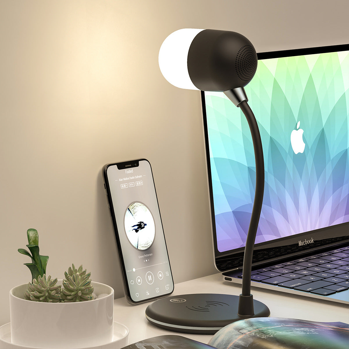 3 IN 1 Desk Lamp With Qi Wireless Charger 5W Bluetooth Speaker USB Dimmable For Bedroom