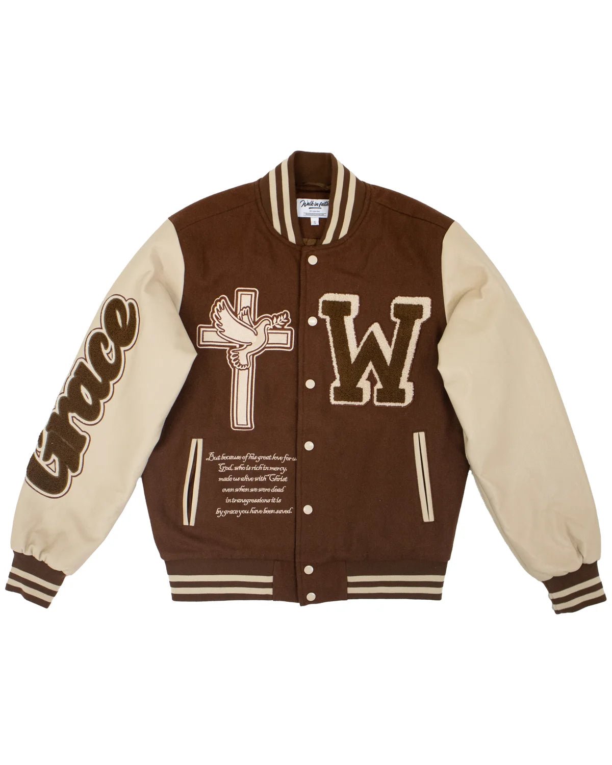 Brown Grace Varsity Unisex Jacket - Walk In Faith Clothing product image