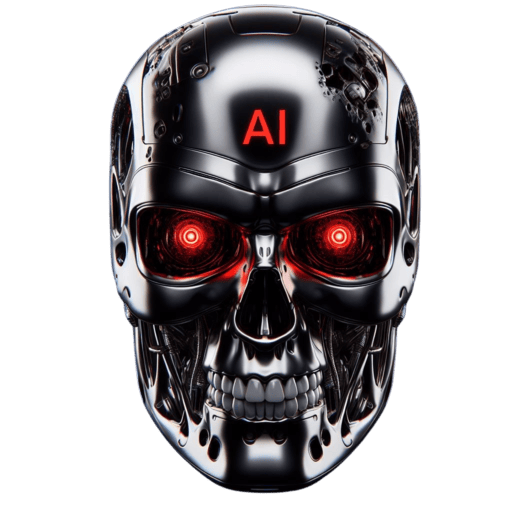 Crâne en acier semblable à celui d’un Terminator avec des yeux rouges et des fausses dents : sur son front sont inscrits les initiales A et I