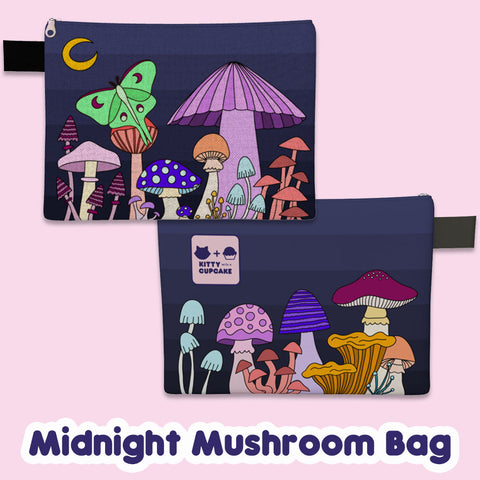 Midnight Mushroom Bag, a navy blue bag covered in psychedelic mushrooms with a luna moth