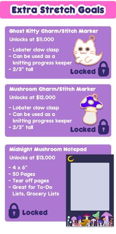 Extra Stretch Goals for Kickstarter including Ghost Kitty Charm, Mushroom Charm, and Midnight Mushroom Notepad