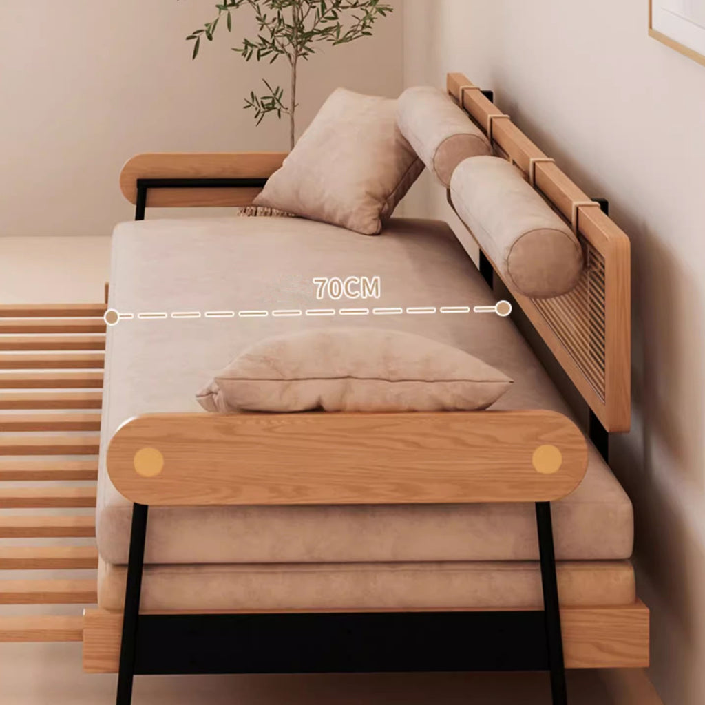 Japandi Solid Wood Minimalism Rattan Back Support Sofa Bed – Space