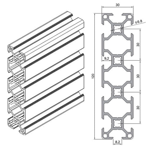 120 x 30 aluminum t slot extrusion dimensions