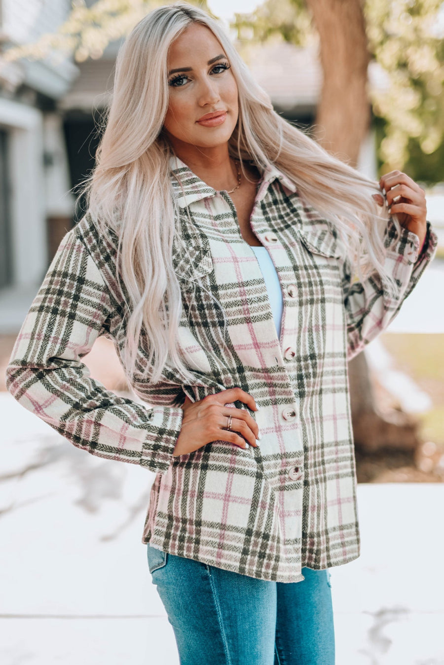 flannel plaid shacket to wear with denim jeans