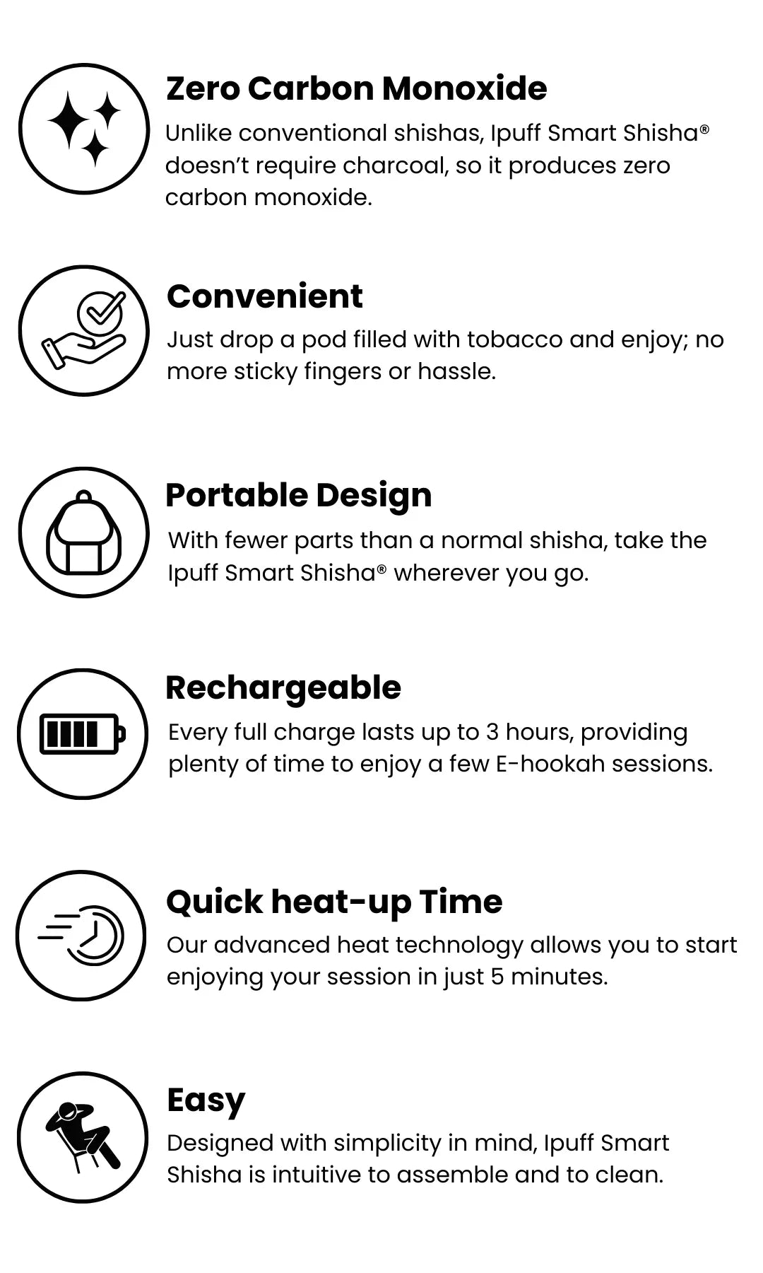 Ipuff Smart Shisha features: zero carbon monoxide, hassle-free pod system, portable design, long-lasting battery, quick heat-up time, intuitive assembly and cleaning.