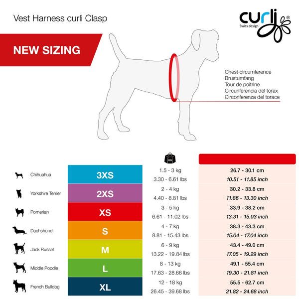 Size chart for Curli Vest harness Clasp Air-Mesh at dogmania.se