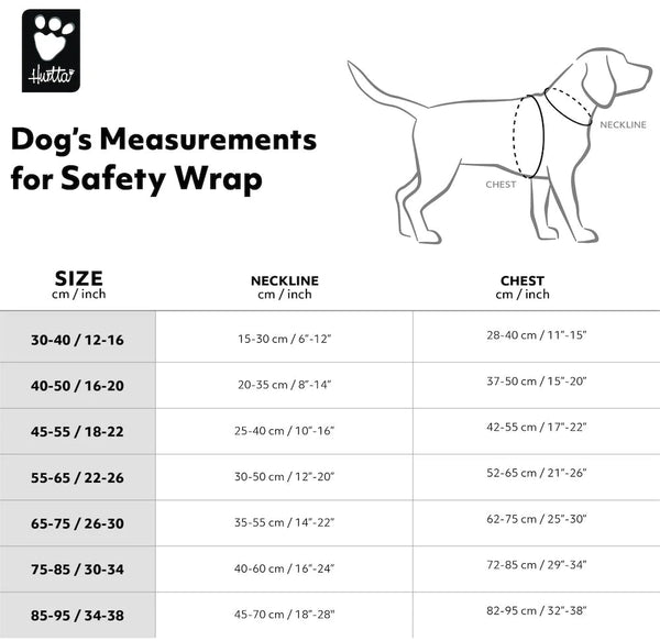 Size guide for the Hurtta Safety Wrap Reflex Dog Vest