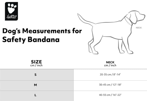 Size guide for the Hurtta Zhero Safety Bandana at dogmania.se