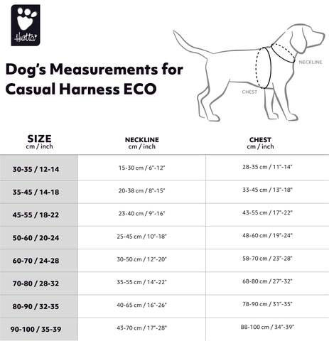 Storlekstabell för hundsele Hurtta Casual sele ECO